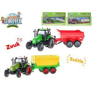 Kids Globe Farming traktor kov 25 cm na setrvačník s vlečkou na bat. se světlem a zvukem, mix druhů