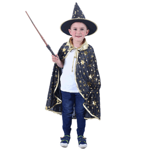 Dětský plášť černý s kloboukem čaroděj/ Halloween