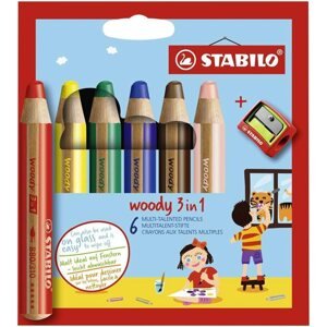 STABILO woody 3 in 1 Multifunkční pastelka - sada 6 barev s ořezávátkem