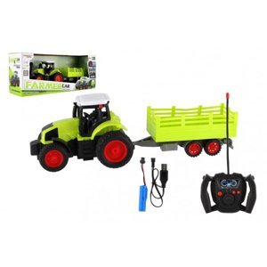 Teddies Traktor RC s vlekem plast 38cm 27MHz + dobíjecí pack na baterie v krabici 45x19x13cm