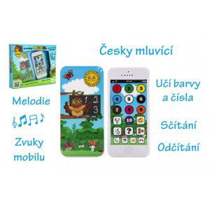 Naučný mobilní telefon s krytem Moudrá sova plast na baterie se zvukem v krabici 22x18x3,5cm 12m+