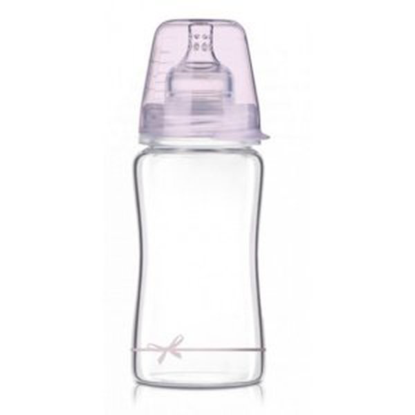 LOVI Skleněná kojenecká lahvička 250 ml Diamond Glass - mašlička - růžová
