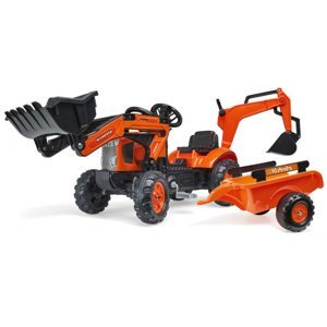 Traktor šlapací Kubota M7171 oranžový s přední i zadní lžící s vlečkou