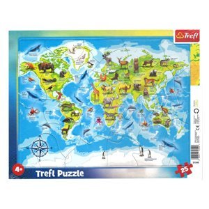 Trefl | Rámové puzzle 25ks. | Mapa světa se zvířaty