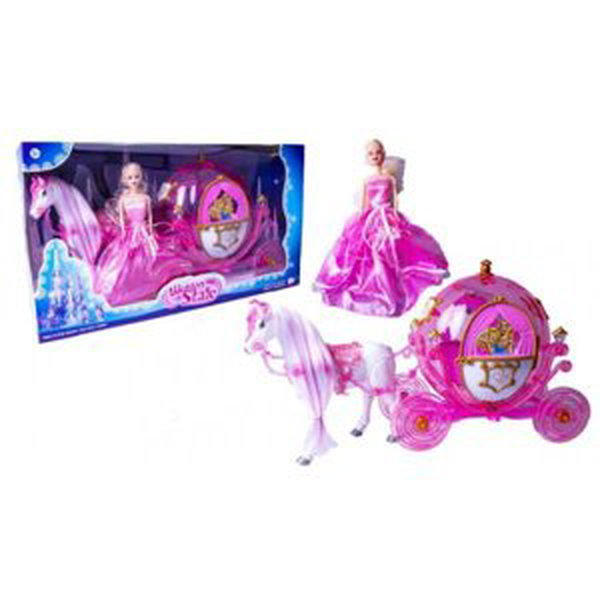 Kočár s panenkou a koněm růžový