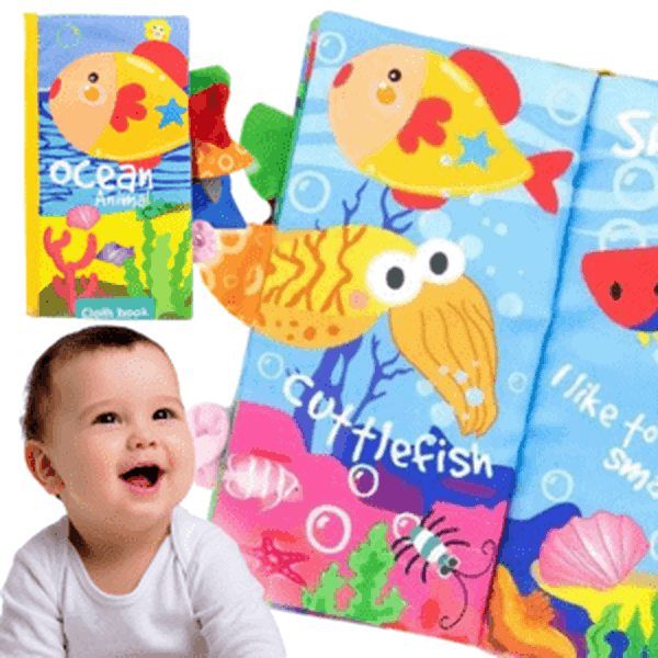 BABY kniha s ocásky mořských živočichů, látka, šustění