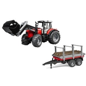 Bruder Traktor Massey Ferguson 7480 s čelním nakladačem a přepravníkem klád