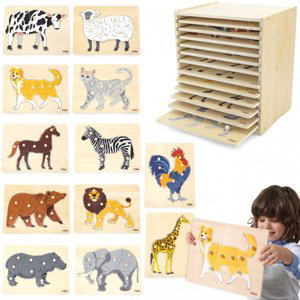 Sada dřevěných puzzle VIGA 12 montessori zvířátek + stojan
