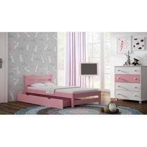 Dětská dřevěná postel - 180x90 cm, MW60 KARO Růžová Jeden na kolečkách Dodatečná odnímatelná bariéra