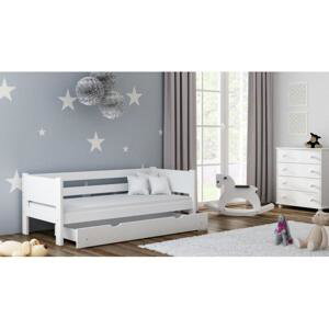 Dřevěná jednolůžková postel pro děti - 160x80 cm, MW124 WRÓBEL-F1 Modrá Bez šuplíku Dodatečná přišroubovaná bariéra