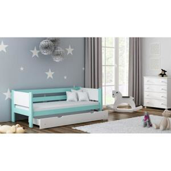Jednolůžková dětská postel - 180x90 cm, MW126 WRÓBEL-F1 Modrá Jeden na kolečkách Dodatečná přišroubovaná bariéra