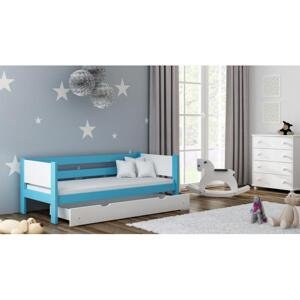 Dřevěná jednolůžková postel pro děti - 190x80 cm, MW127 WRÓBEL-F1 Modrá Jeden na kolečkách Dodatečná přišroubovaná bariéra
