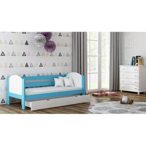 Dřevěná jednolůžková postel pro děti - 190x80 cm, MW133 WRÓBEL-F2 Modrá S funkcí spaní (bez matrace) Dodatečná odnímatelná bariéra