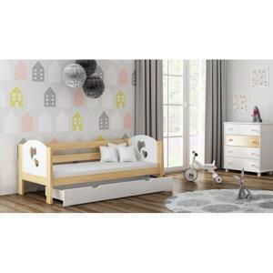 Dřevěná jednolůžková postel pro děti - 160x80 cm, MW136 WRÓBEL-F3 Bílá Jeden na kolečkách Dodatečná přišroubovaná bariéra Srdce