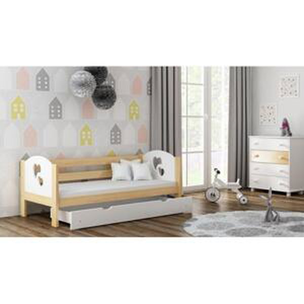 Dřevěná jednolůžková postel pro děti - 160x80 cm, MW136 WRÓBEL-F3 Šedá S funkcí spaní (bez matrace) Dodatečná odnímatelná bariéra Srdce