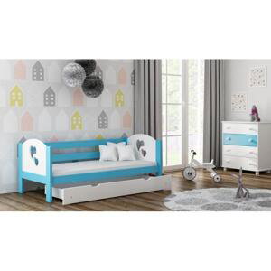 Dřevěná jednolůžková postel pro děti - 190x80 cm, MW139 WRÓBEL-F3 Modrá S funkcí spaní (bez matrace) Dodatečná odnímatelná bariéra Srdce