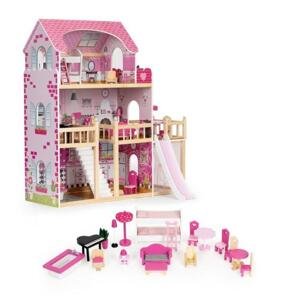 Domeček pro panenky s terasou a skluzavkou, 18 dřevěných kusů nábytku, Multi__HM014075