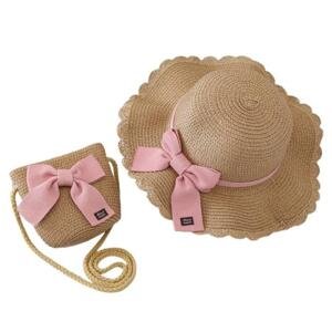 Slaměná sestava dětského klobouku a kabelky s růžovou mašlí, CZ37