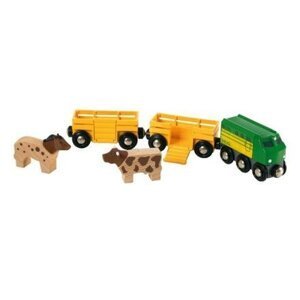 Brio 33404 Zemědělský vlak pro přepravu zvířat se 2 vagónky, krávou, koněm