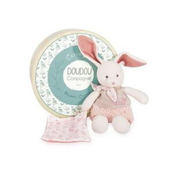 Doudou Dárková sada - Plyšový Ecru králiček s růžovou dečkou z BIO bavlny 22 cm