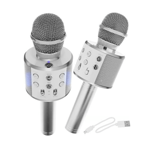 Bezdrátový karaoke mikrofon s reproduktorem - stříbrná