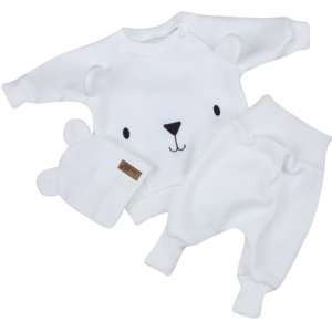 Pletená kojenecká sada 3D Medvídek, svetřík, tepláčky + čepička Kazum, bílá Velikost koj. oblečení: 74 (6-9m)