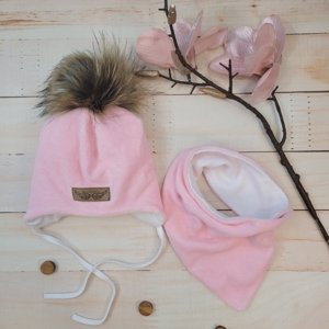 Z&Z Zimní dvouvrstvá čepice na zavazování s bambulí z kožešinky + šátek Z&Z, růžová Velikost koj. oblečení: 56/62 (0-3m)