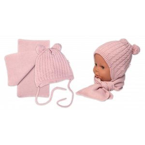 Zimní čepice na zavazování s bambulky + šál, Baby Nellys - pudrově růžová Velikost koj. oblečení: 56-62 (0-3m)