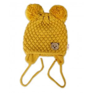 Zimní pletená čepice Teddy Bear na zavazování, hořčicová, Baby Nellys Velikost koj. oblečení: 68-80 (6-12m)