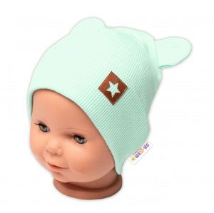 Baby Nellys Žebrovaná dvouvrstvá čepice s oušky TEDDY - mátová Velikost koj. oblečení: 68-74 (6-9m)