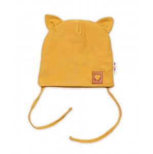 Baby Nellys Bavlněná dvouvrstvá čepice s oušky na zavazování FOX - hořčicová Velikost koj. oblečení: 56-62 (0-3m)