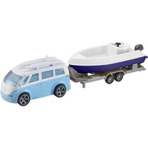 Halsall Teamsterz karavan s přívěsem a lodí (002) modré auto a fialový člun