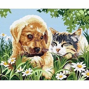Diamantový obrázek Kotě a štěně na louce 30 x 40 cm