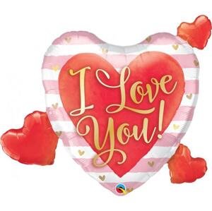 Qualatex Fóliový balónek 37" QL SHP "I Love You" srdce, růžové a bílé pruhy