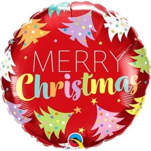 Qualatex Fóliový balónek 18" QL RND "Merry Christmas" (barevné vánoční stromky)