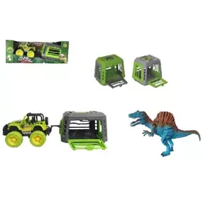Jeep s přívěsem a dinosaurem