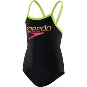 Speedo Girl's Boom Logo Thinstrap Muscleback Swimsuit - Black/ Lime/ Pink 116