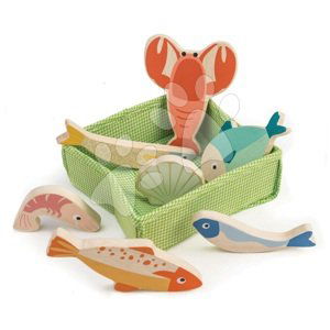 Dřevěné ryby a dary moře Fish Crate Tender Leaf Toys 7 kusů v textilním košíku