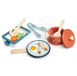 Dřevěné nádobí s pánví Pots and Pans Tender Leaf Toys s vařečkou a potravinami