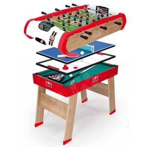 Fotbalový stůl Powerplay 4v1 Smoby dřevěný a kulečník, hokej, stolní tenis hrací plocha 94*60 cm od 8 let