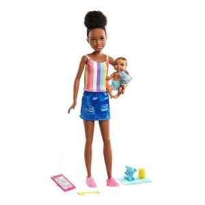Barbie chůva černoška + miminko s doplňky, mattel grp12