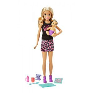 Barbie chůva blondýnka + miminko s doplňky, mattel grp13
