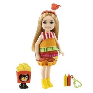Barbie chelsea v kostýmu hamburger s pejskem, mattel grp69