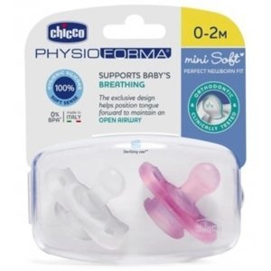 Silikonový ortodontický dudlík Physio Soft Mini 2 ks, 0-2m Chicco, transparent/růžový