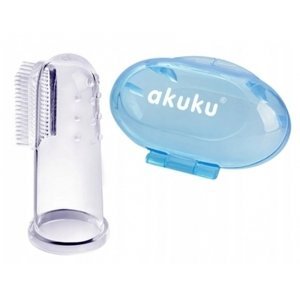 Zubní kartáček pro miminka, silikonový s pouzdrem - modrý, Akuku