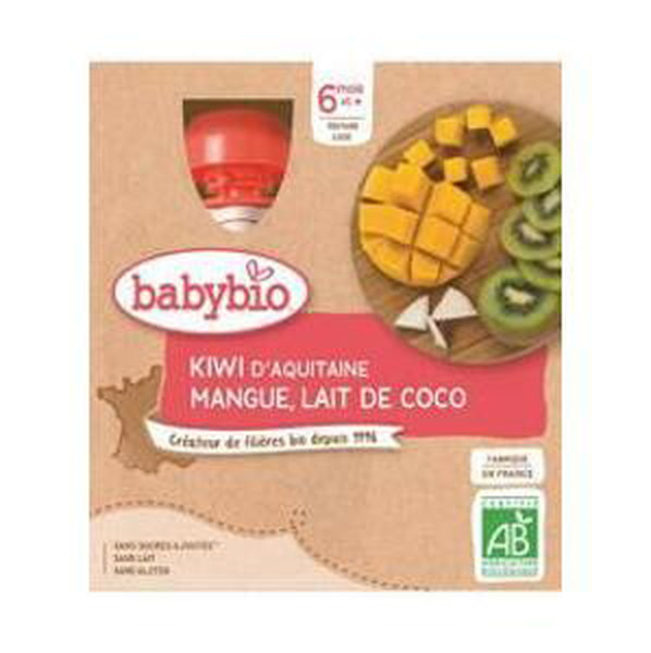 BABYBIO Pyré kiwi, mango, kokosové mléko (4x 90 g) - ovocný příkrm