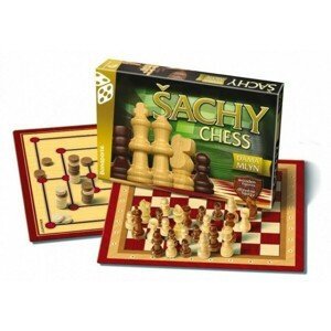Šachy, dáma, mlýn dřevěné figurky a kameny společenská hra v krabici