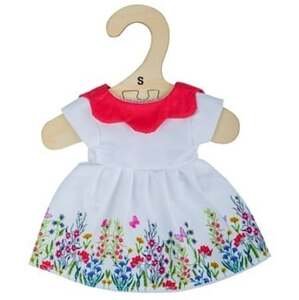 Bigjigs Toys Bílé květinové šaty s červeným límcem pro panenku 28 cm