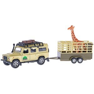 Kids Globe Traffic Land Rover Defender 14cm kov na zpětný chod s přívěsem 14cm a žirafa