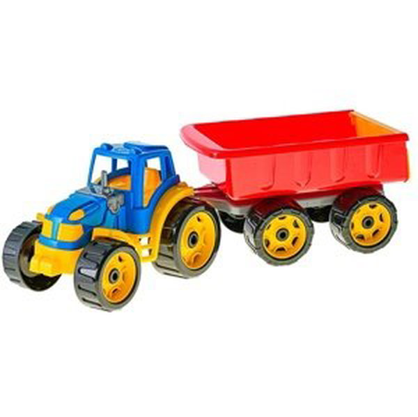 Traktor se sklápěcím přívěsem 54cm modro/červený